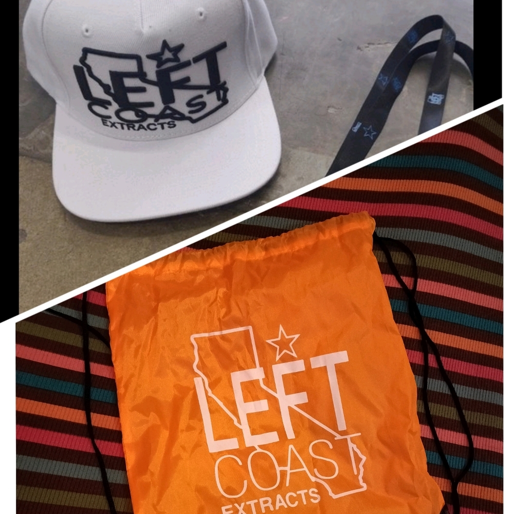NWOT Left Coast Extracts Hat, Lanyard, & Drawstring Backpack Set